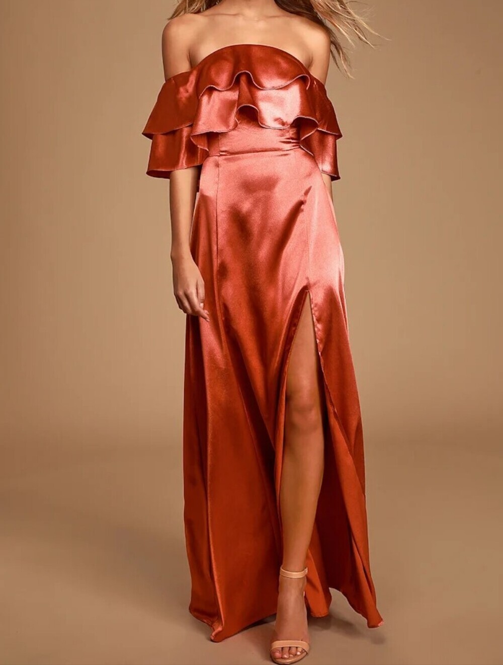 Lulu's Pure Happiness Rust Orange Satin Off-the-Shoulder Maxi Dress Size Large